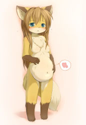 Rule 34 | 1girl, :&lt;, animal ears, animal hands, barefoot, blue eyes, blush, breasts, female focus, fox, fox ears, fox tail, full body, furry, furry female, gradient background, heart, kagerofu, long hair, pregnant, small breasts, solo, standing, tail, tears
