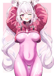 Rule 34 | 1girl, alice (nikke), animal ear headphones, animal ears, arms up, blush, bodysuit, border, breasts, commentary, covered navel, cowboy shot, cropped jacket, english text, fake animal ears, gloves, goddess of victory: nikke, gradient background, guram, hands up, headphones, headset, highres, impossible bodysuit, impossible clothes, jacket, long hair, long sleeves, looking at viewer, medium breasts, multicolored clothes, multicolored gloves, one eye closed, open mouth, outside border, pink background, pink bodysuit, pink eyes, pink gloves, pink hair, pink headphones, pink jacket, puffy sleeves, shrug (clothing), sidelocks, skin tight, smile, solo, teeth, twintails, two-tone gloves, upper teeth only, white border, white gloves, white hair
