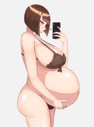 Rule 34 | 13otsu, 1girl, absurdres, big belly, blunt bangs, blush, bob cut, bra, breasts, brown eyes, brown hair, cellphone, cleavage, curvy, gluteal fold, hand on own stomach, heart, highres, huge breasts, large breasts, looking at phone, mature female, original, outie navel, panties, phone, pregnant, shiny skin, short hair, sidelocks, sitting, smartphone, solo, thick thighs, thighs, underwear, veiny stomach, white background, wide hips