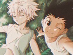 Rule 34 | 2boys, black hair, blue eyes, child, enoki (gongindon), gon freecss, hunter x hunter, killua zoldyck, looking at viewer, lying, male focus, multiple boys, official alternate costume, official style, on back, one eye closed, selfie, short hair, sleeping, smile, spiked hair, tank top, tree shade, upper body, white hair, white tank top
