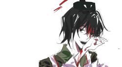 Rule 34 | 1other, androgynous, black eyes, black hair, black hat, blood, blood on arm, blood on face, chinese commentary, commentary request, green kimono, hat, highres, japanese clothes, kariginu, kimono, len&#039;en, long sleeves, open mouth, other focus, pale skin, senri tsurubami, short hair, simple background, sketch, smile, solo, tate eboshi, tazzetta, white background
