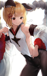 Rule 34 | 1girl, absurdres, animal ear fluff, animal ears, bare shoulders, black pantyhose, blacktail hihi, braid, breasts, brown eyes, closed mouth, clothes pull, covered navel, detached sleeves, dog ears, erune, flower knot, granblue fantasy, highres, japanese clothes, leaning to the side, looking down, pantyhose, pulling own clothes, rope, shimenawa, sideless outfit, simple background, small breasts, smile, solo, twitter username, vajra (granblue fantasy), wide sleeves