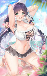 Rule 34 | 1girl, arms behind head, arms up, beach, bikini, blurry, blurry foreground, blush, breasts, cleavage, clothing cutout, covered erect nipples, cross-laced clothes, cross-laced cutout, flower, glasses, green eyes, highres, hozumi kaoru, inflatable toy, kneeling, large breasts, long hair, looking at viewer, love live!, navel, open mouth, petals, purple hair, skirt, sky, smile, swept bangs, swimsuit, thighhighs, thighs, tojo nozomi, twintails, very long hair, zettai ryouiki