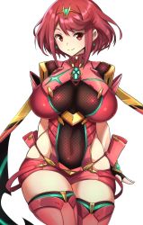 Rule 34 | 1girl, arms behind back, bad id, bad twitter id, blush, breasts, circlet, cowboy shot, curvy, earrings, fingerless gloves, from behind, gloves, highres, jewelry, large breasts, looking at viewer, nintendo, nuezou, pyra (xenoblade), red eyes, red hair, red thighhighs, short hair, short shorts, shorts, simple background, skindentation, smile, solo, source request, thick thighs, thigh gap, thighhighs, thighs, tiara, white background, wide hips, xenoblade chronicles (series), xenoblade chronicles 2