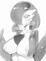 Rule 34 | 1girl, artist name, bob cut, breasts, breath, closed mouth, collarbone, colored skin, creatures (company), female focus, game freak, gardevoir, gen 3 pokemon, greyscale, hair over one eye, half-closed eyes, hands up, happy, highres, large breasts, looking up, monochrome, multicolored skin, my700, nintendo, nipple slip, nipples, pokemon, pokemon (creature), rolling eyes, shiny skin, short hair, signature, simple background, sketch, smile, solo, tears, twitter username, two-tone skin, upper body, white background
