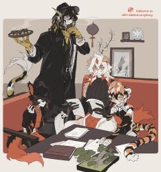 Rule 34 | 1girl, 3boys, aak (arknights), arknights, black coat, black shirt, bonsai, book, cat boy, chinese clothes, closed mouth, coat, dog boy, dragon boy, furry, furry female, furry male, highres, holding, holding paper, holding plate, hung (arknights), lee (arknights), long hair, multiple boys, paper, picture frame, plate, scarf, shirt, sirakaro, table, tiger girl, tinted eyewear, waai fu (arknights), white hair, yellow scarf