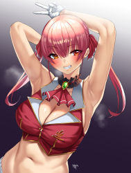 Rule 34 | 1girl, :d, absurdres, armpits, arms behind head, arms up, ascot, bare shoulders, blush, breasts, cleavage, cropped vest, gem, glint, gloves, gradient background, green gemstone, grin, hair between eyes, hair ribbon, heterochromia, highres, hololive, houshou marine, kisaragi tsurugi, large breasts, long hair, looking at viewer, navel, open mouth, orange eyes, purple background, purple hair, red ascot, red eyes, red ribbon, red vest, ribbon, signature, sleeveless, smile, solo, steaming body, stomach, teeth, twintails, upper body, v, vest, virtual youtuber, white gloves
