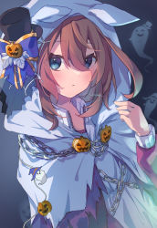 Rule 34 | 1girl, bow, chain, closed mouth, food-themed hair ornament, ghost, hair between eyes, hair ornament, halloween costume, hand up, hat, highres, hood, hoodie, long sleeves, looking at viewer, medium hair, mihono bourbon (ghosty and the magic of halloween) (umamusume), mihono bourbon (umamusume), nut megu, official alternate costume, pumpkin hair ornament, sidelocks, solo, umamusume, upper body