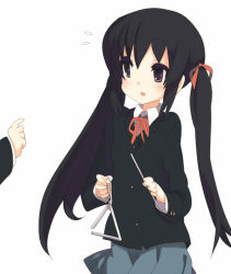 Rule 34 | 00s, 1girl, androgynous, black hair, brown eyes, female focus, instrument, k-on!, long hair, nakano azusa, neck ribbon, red ribbon, ribbon, school uniform, simple background, skirt, solo, sora to umi, twintails, white background