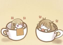 Rule 34 | 2girls, azur lane, butterfly hair ornament, chibi, closed mouth, cup, d:, dunkerque (azur lane), eating, closed eyes, food, formidable (azur lane), grey hair, hair ornament, holding, holding food, in container, in cup, koti, long hair, macaron, multiple girls, open mouth, purple eyes, simple background, twintails, x hair ornament, yellow background