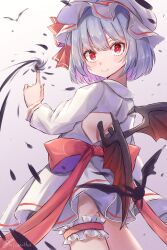 Rule 34 | 1girl, absurdres, back cutout, bat wings, closed mouth, clothing cutout, commentary request, dress, grey background, grey hair, hat, hat ribbon, highres, index finger raised, katsukare, long sleeves, looking at viewer, mob cap, red eyes, red nails, red ribbon, remilia scarlet, ribbon, short hair, smile, solo, thigh strap, touhou, white dress, white hat, wings