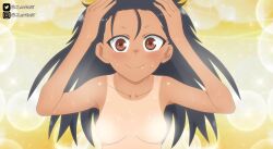 Rule 34 | 1girl, 774 (nanashi), absurdres, bathing, black hair, blush, breasts, brown eyes, colorized, completely nude, convenient censoring, dark-skinned female, dark skin, hands on own head, highres, ijiranaide nagatoro-san, nagatoro hayase, nude, small breasts, smile, solo, sparkle background, steam, steam censor, tan, tanline, third-party edit, yellow background, zantle15
