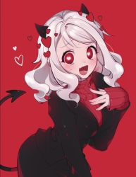 1girl, 217sian, :d, black horns, black jacket, black legwear, black miniskirt, black skirt, black suit, black tail, blush, breasts, business suit, curly hair, demon girl, demon horns, demon tail, formal, heart, heart-shaped pupils, helltaker, highres, horns, jacket, large breasts, long sleeves, looking at viewer, medium hair, miniskirt, modeus (helltaker), monster girl, open mouth, red background, red eyes, red sweater, ribbed shirt, shirt, short hair, simple background, skirt, sleeves past wrists, smile, solo, standing, suit, sweat, sweatdrop, sweater, symbol-shaped pupils, tail, turtleneck, white hair