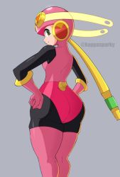 Rule 34 | 1girl, artist name, ass, bodysuit, elbow gloves, gloves, green eyes, grey background, hands on own hips, highres, huge ass, kappa spark, looking back, mega man (series), mega man battle network, roll.exe (mega man), smile, solo, thick thighs, thighhighs, thighs, wide hips