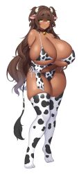 Rule 34 | 1girl, absurdres, animal ears, animal print, bikini, blush, breasts, brown hair, cow ears, cow girl, cow horns, cow print, cow print bikini, cow print gloves, cow print thighhighs, cow tail, curvy, dark-skinned female, dark skin, elbow gloves, gigantic breasts, gloves, green eyes, highres, horns, huge breasts, light frown, long hair, mae (bakeneko), micro bikini, original, print bikini, print gloves, print thighhighs, second-party source, short twintails, side-tie bikini bottom, simple background, skindentation, solo, suruga (xsurugax), swimsuit, tachi-e, tail, thick thighs, thighhighs, thighs, twintails, very long hair, wavy hair, white background