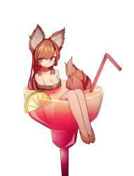 Rule 34 | 1girl, absurdres, animal ear fluff, animal ears, bare shoulders, blush, breasts, brooch, brown footwear, brown hair, cleavage, collarbone, commentary request, cup, cupping glass, dress, drinking glass, drinking straw, flats, food, fruit, hh, highres, imaizumi kagerou, in container, in cup, jewelry, lemon, lemon slice, long hair, looking at viewer, medium breasts, off-shoulder dress, off shoulder, partially submerged, red eyes, simple background, sitting, solo, tail, touhou, white background, wolf ears, wolf tail