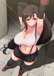 Rule 34 | 1girl, armpits, arms up, black hair, blush, breasts, cleavage, crop top, final fantasy, final fantasy vii, final fantasy vii remake, from above, happy, highres, large breasts, long hair, looking at viewer, low-tied long hair, midriff, navel, red eyes, shiny skin, skirt, smile, solo, stretching, sunlight, super nekopunch, suspender skirt, suspenders, thighhighs, tifa lockhart
