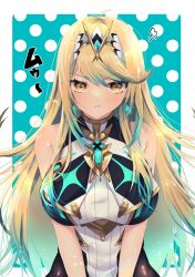 Rule 34 | 1girl, bare shoulders, blonde hair, breasts, chest jewel, dress, earrings, highres, jewelry, large breasts, long hair, misosio uma, mythra (massive melee) (xenoblade), mythra (xenoblade), short dress, solo, swept bangs, tiara, very long hair, white dress, xenoblade chronicles (series), xenoblade chronicles 2, yellow eyes