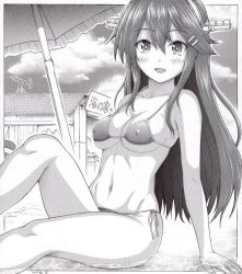 Rule 34 | 1girl, absurdres, alternate costume, artist name, bikini, border, breasts, cleavage, dated, greyscale, h2 (h20000000), hair between eyes, hair ornament, hairclip, haruna (kancolle), haruna kai ni (kancolle), headgear, highres, kantai collection, long hair, looking at viewer, medium breasts, monochrome, navel, open mouth, outdoors, panties, side-tie panties, smile, solo, swimsuit, traditional media, umbrella, underwear, very long hair, white border