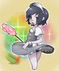 Rule 34 | 1girl, absurdres, ahoge, alternate costume, bad id, bad leg, bad nicoseiga id, black eyes, black hair, blush, cookie (touhou), diffraction spikes, duster, enmaided, fang, feather duster, from side, full body, hair ornament, highres, kofji (cookie), looking at viewer, maid, open mouth, panties, panty peek, shiyaraku, short hair, simple background, smile, solo, standing, tagme, thighs, underwear, upper body