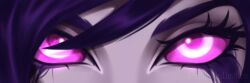 Rule 34 | 1girl, artist name, close-up, colored skin, eye focus, eyelashes, jpeg artifacts, league of legends, looking at viewer, misseslimitless, morgana (league of legends), pink eyes, purple hair, solo