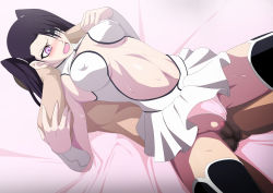 Rule 34 | 1boy, 1girl, arrancar, bed, black hair, bleach, blush, breasts, censored, clothed sex, clothing aside, covered erect nipples, full nelson, game cg, hair over one eye, hetero, highres, lime (purple haze), loly aivirrne, long hair, medium breasts, moaning, nude, on bed, panties, panties aside, penis, pink panties, purple eyes, pussy, pussy juice, reverse cowgirl position, sex, sex from behind, sitting, sitting on person, straddling, sweat, twintails, underwear, vaginal