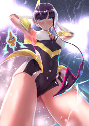 Rule 34 | 1girl, armpits, arms up, artist name, blue eyes, blunt bangs, blush, breasts, closed mouth, commentary request, covered navel, creatures (company), electricity, elesa (pokemon), elesa (sygna suit) (pokemon), from below, game freak, gen 4 pokemon, gloves, headphones, looking at viewer, looking down, nintendo, official alternate costume, pokemon, pokemon (creature), pokemon masters ex, purple hair, rotom, rotom (normal), smile, uenoryoma, watermark, white gloves