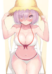 Rule 34 | 1girl, bikini, blush, breasts, cleavage, collarbone, commentary request, eyes visible through hair, fate/grand order, fate (series), hair over one eye, hat, highres, jonsun, large breasts, looking at viewer, mash kyrielight, mash kyrielight (swimsuit of perpetual summer), official alternate costume, purple eyes, purple hair, short hair, sitting, solo, straw hat, swimsuit, white bikini
