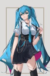 Rule 34 | 1girl, bad id, bad pixiv id, black choker, black skirt, black thighhighs, blouse, blue eyes, blue hair, bracelet, choker, closed mouth, collared shirt, grey background, hair between eyes, hair ornament, hatsune miku, heart, heart choker, highres, jewelry, long hair, looking at viewer, miniskirt, pleated skirt, qie, shirt, short sleeves, skirt, solo, spiked bracelet, spikes, standing, suspenders, thighhighs, torn clothes, torn thighhighs, twintails, underbust, very long hair, vocaloid, white shirt, wing collar, zettai ryouiki