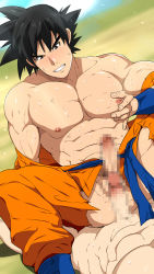 Rule 34 | 2boys, abs, bara, bare pectorals, bare shoulders, blush, censored, clenched teeth, dougi, dragon ball, dragonball z, grabbing, highres, imminent anal, imminent penetration, large pectorals, male focus, mature male, mazjojo, mosaic censoring, multiple boys, muscular, muscular male, nipples, off shoulder, open clothes, open shirt, paid reward available, pants, pectoral grab, pectorals, penis, paid reward available, grabbing own breast, short hair, solo focus, son goku, stomach, sweat, teeth, topless male, torn clothes, torn pants
