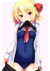 Rule 34 | 1girl, blonde hair, blush, breasts, clothes in mouth, clothes lift, clothes pull, covered navel, dress shirt, ebi 193, hair ribbon, long sleeves, looking at viewer, mouth hold, one-piece swimsuit, red eyes, ribbon, rumia, school swimsuit, shirt, shirt in mouth, shirt lift, short hair, skirt, skirt pull, small breasts, solo, swimsuit, swimsuit under clothes, touhou, undressing