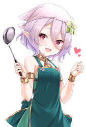 Rule 34 | 1girl, :d, apron, bangle, bare shoulders, blush, bracelet, breasts, collarbone, commentary request, dress, flower, gradient hair, green apron, green dress, green flower, hair between eyes, hair flower, hair ornament, hands up, head scarf, heart, highres, holding, jewelry, kokkoro (princess connect!), ladle, looking at viewer, multicolored hair, open mouth, pointy ears, princess connect!, purple hair, red eyes, short hair, silver hair, simple background, sleeveless, sleeveless dress, small breasts, smile, solo, tomo (tmtm mf mf), white background