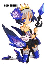 Rule 34 | 1girl, armor, armored dress, bare shoulders, blue eyes, choker, crown, detached sleeves, dress, full body, gwendolyn (odin sphere), hair ornament, head wings, highres, izuna yoshitsune, leg wings, looking at viewer, low wings, multicolored wings, odin sphere, short hair, simple background, solo, strapless, strapless dress, thighhighs, weapon, white background, white hair, wings