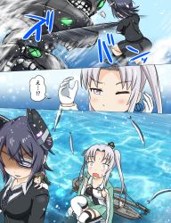 Rule 34 | &gt; &lt;, 10s, 3girls, abyssal ship, akitsushima (kancolle), armpit cutout, chibi, clothing cutout, commentary request, eyepatch, closed eyes, fish, hat, headgear, highres, kantai collection, bridal garter, machinery, mini hat, multiple girls, purple eyes, purple hair, school uniform, short hair, side ponytail, silver hair, skirt, tenryuu (kancolle), thighhighs, translation request, tsukemon, water