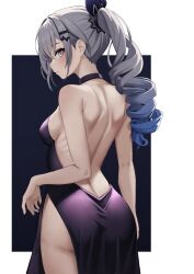 Rule 34 | 1girl, ass, backless dress, backless outfit, bare arms, bare back, bare shoulders, black background, black choker, blue hair, blush, border, breasts, choker, closed mouth, commentary, cowboy shot, dress, drill hair, gradient hair, grey eyes, grey hair, hair ornament, hairclip, highres, honkai: star rail, honkai (series), long hair, looking at viewer, multicolored hair, outside border, ponytail, profile, purple dress, shoulder blades, sidelocks, silver wolf (honkai: star rail), simple background, small breasts, solo, standing, two-tone hair, white border, yan kodiac