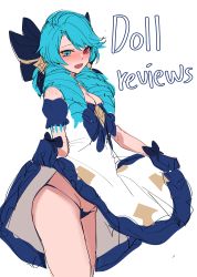 Rule 34 | 1girl, absurdres, ahoge, bare shoulders, black bow, black panties, blue eyes, blue hair, blush, bow, breasts, cleavage, clothes lift, commentary request, cowboy shot, detached sleeves, dress, dress lift, drill hair, gloves, groin, gwen (league of legends), hair bow, hair over shoulder, heterochromia, highres, hudak, league of legends, lifted by self, long hair, panties, puffy short sleeves, puffy sleeves, red eyes, short sleeves, sketch, small breasts, smile, solo, twin drills, underwear