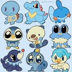 Rule 34 | black eyes, blue hair, closed mouth, colored sclera, creatures (company), froakie, frown, game freak, gen 1 pokemon, gen 2 pokemon, gen 3 pokemon, gen 4 pokemon, gen 5 pokemon, gen 6 pokemon, gen 7 pokemon, gen 8 pokemon, mudkip, nintendo, open mouth, oshawott, pink eyes, piplup, pokemon, pokemon (creature), popplio, quaxly, sad, seashell, shell, sitting, smile, snailonsaturn, sobble, spikes, squirtle, standing, totodile, wavy mouth, yellow sclera