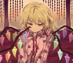 Rule 34 | 1girl, alternate costume, berabou, blonde hair, crying, crying with eyes open, crystal, flandre scarlet, long sleeves, no headwear, no headwear, on bed, pajamas, red eyes, short hair, side ponytail, solo, tears, touhou, upper body, wings, wiping tears