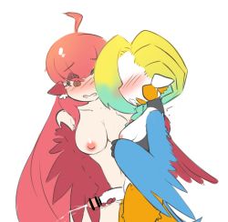 Rule 34 | 2girls, @ @, ahoge, animal ears, bar censor, bird ears, bird legs, blue feathers, blue wings, blush, breasts, censored, coco (eogks), commentary, cum, ejaculation, feathers, futa with female, futanari, green hair, handjob, harpy, highres, incest, large breasts, long hair, mako (eogks), monster girl, multiple girls, nn (eogks), nude, open mouth, orange feathers, original, red feathers, red hair, red wings, siblings, simple background, sisters, small breasts, two-tone wings, very long hair, white background, winged arms, wings