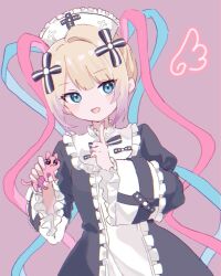 Rule 34 | 1girl, :d, animal, black dress, blonde hair, blue eyes, blue hair, cat, chouzetsusaikawa tenshi-chan, cowboy shot, drawn wings, dress, frilled dress, frilled sleeves, frills, gothic lolita, hands up, hat, holding, holding animal, holding cat, index finger raised, kabe (zp66104), lolita fashion, long hair, long sleeves, looking at viewer, multicolored hair, needy girl overdose, nurse cap, official alternate costume, open mouth, pien cat (needy girl overdose), pink hair, purple background, quad tails, simple background, smile, solo, wide sleeves