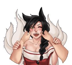 Rule 34 | 1girl, ahri (league of legends), anger vein, angry, animal ears, artist request, black hair, blush, braid, cheek pinching, cheek pull, collarbone, embarrassed, facial mark, fox ears, fox girl, hand on another&#039;s cheek, hand on another&#039;s face, hands on another&#039;s cheeks, hands on another&#039;s face, highres, kitsune, kyuubi, league of legends, looking at viewer, non-web source, open mouth, pinching, pov, single braid, whisker markings, yellow eyes