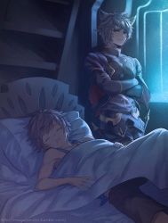 Rule 34 | 2boys, against wall, animal ears, bed, blue hair, blue shirt, brown hair, brown shorts, crossed arms, drooling, erune, closed eyes, gran (granblue fantasy), granblue fantasy, looking at another, lying, multiple boys, night, on back, ouno mayumi, shirt, shorts, seox (granblue fantasy), sleeping, tank top, tumblr username, under covers