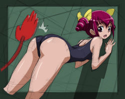 Rule 34 | 10s, 1girl, against wall, ass, hair ribbon, hoshizora miyuki, huge ass, one-piece swimsuit, pink eyes, pink hair, precure, ribbon, rohitsuka, short hair, sketch, smile precure!, solo, spanked, swimsuit