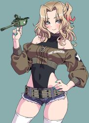 Rule 34 | 1girl, absurdres, alternate costume, bare shoulders, black leotard, blonde hair, blue eyes, blue shorts, closed mouth, commentary request, contrapposto, covered navel, cowboy shot, cropped jacket, denim, denim shorts, girls und panzer, green jacket, grey background, hand on own hip, hand up, highres, index finger raised, jacket, kay (girls und panzer), leotard, long sleeves, looking at viewer, medium hair, o-ring, off-shoulder jacket, off shoulder, one side up, parted bangs, puffy long sleeves, puffy sleeves, short shorts, shorts, simple background, sleeveless turtleneck leotard, smile, solo, thick thighs, thighhighs, thighs, white thighhighs, yamashita shun&#039;ya