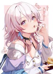 Rule 34 | 1girl, archery shooting glove, black choker, black collar, black gloves, blue eyes, blue jacket, blush, border, breasts, choker, cleavage, collar, commentary request, cream puff, eating, finger to mouth, food, food on face, gloves, gradient eyes, hair between eyes, hand up, highres, holding, holding food, honkai: star rail, honkai (series), jacket, kabu usagi, long sleeves, looking at viewer, march 7th (honkai: star rail), medium breasts, medium hair, multicolored eyes, notice lines, off shoulder, open mouth, partially fingerless gloves, pink eyes, pink hair, shirt, sidelocks, simple background, solo, two-tone eyes, upper body, white border, white shirt