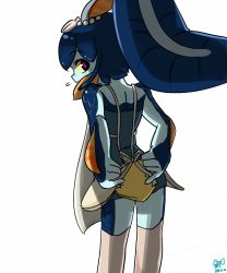 Rule 34 | 1girl, apron, blue skin, blunt bangs, colored sclera, colored skin, fins, fish girl, from behind, hair ornament, highres, lakilolom, minette (skullgirls), monster girl, pink eyes, scales, shell, skullgirls, solo, thighhighs, waitress, yellow sclera