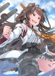 Rule 34 | 1girl, absurdres, ahoge, artist name, baileys (tranquillity650), bare shoulders, black skirt, blush, brown hair, day, detached sleeves, double bun, frilled skirt, frills, grey eyes, hair bun, highres, japanese clothes, kantai collection, kongou (kancolle), long hair, machinery, nontraditional miko, open mouth, ribbon-trimmed sleeves, ribbon trim, rigging, signature, skirt, smile, solo, teeth, turret, twitter username, upper teeth only, white sleeves, wide sleeves