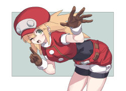 Rule 34 | 1girl, bent over, black bodysuit, blonde hair, bodysuit, bodysuit under clothes, brown gloves, cabbie hat, commentary, cropped jacket, gloves, green eyes, hat, highres, huanxiang huifeng, long hair, mega man (series), mega man legends (series), one eye closed, red hat, red shorts, roll caskett (mega man), romaji commentary, shorts, sketch, solo