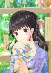 Rule 34 | 1girl, absurdres, black hair, blunt bangs, blurry, day, depth of field, floral print, half updo, hand fan, head tilt, highres, holding, holding fan, index finger raised, japanese clothes, kimono, koyoi-kimito, long hair, looking at viewer, obi, original, outdoors, paper fan, ponytail, purple eyes, sash, smile, solo, summer, sweat, uchiwa, upper body, wind chime, yukata