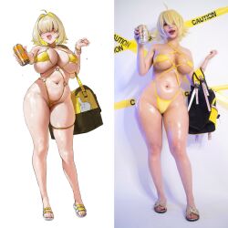 Rule 34 | 1girl, alternate costume, bag, bikini, blonde hair, blush, breasts, can, chochomi, colored inner hair, comparison, comparison image, elegg (nikke), full body, goddess of victory: nikke, hair intakes, hana bunny, highres, holding, holding can, huge breasts, large breasts, looking at viewer, multicolored hair, navel, one-piece swimsuit, open mouth, photo background, plump, purple eyes, real life, short hair, simple background, slingshot swimsuit, smile, solo, standing, stomach, string bikini, swimsuit, thick thighs, thigh strap, thighs, toes, underboob, wet, white background, yellow bag, yellow bikini, yellow one-piece swimsuit